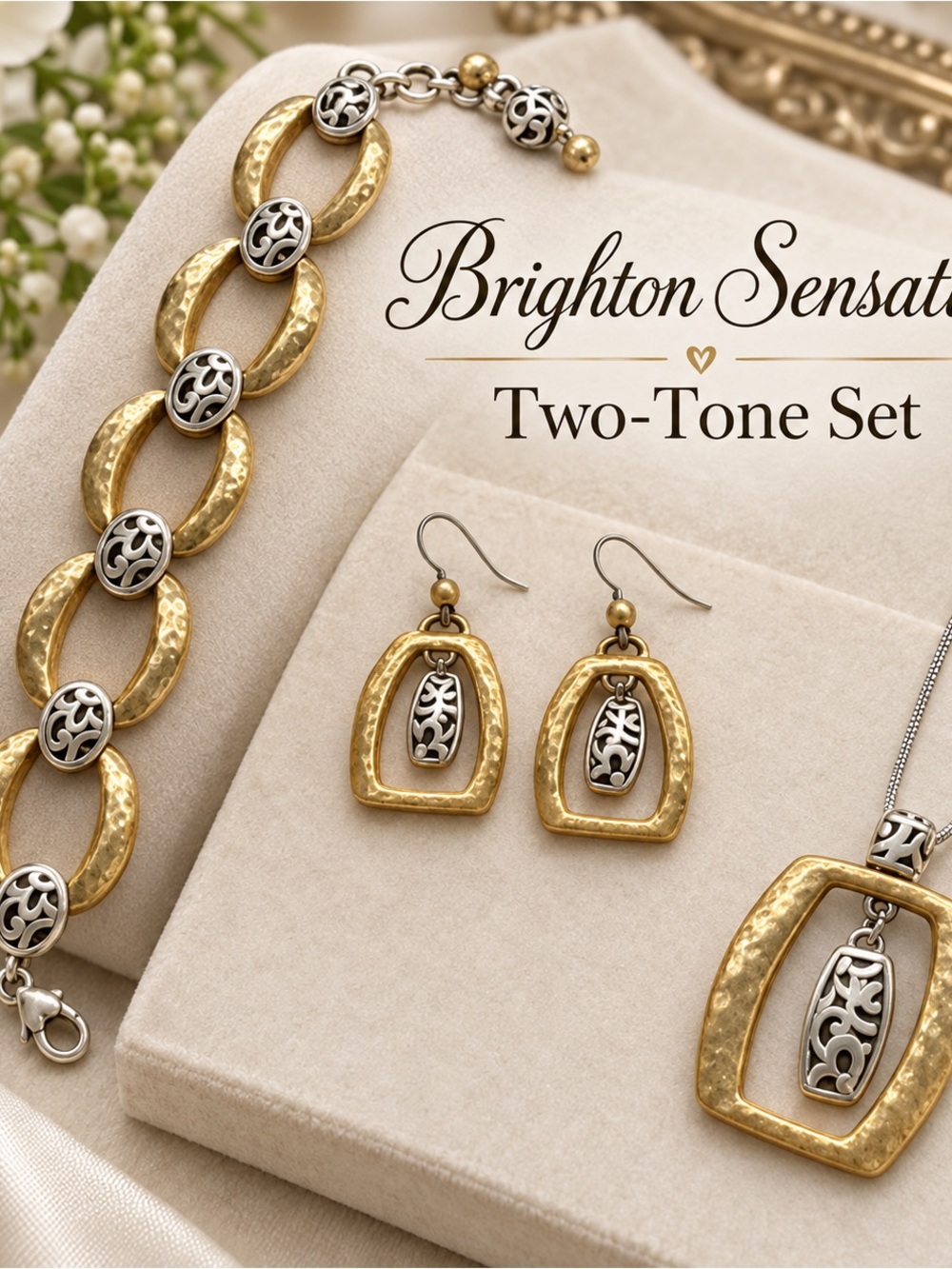 Brighton Sensation Retired Two-Tone Set Hammered Gold Silver Necklace Bracelet E